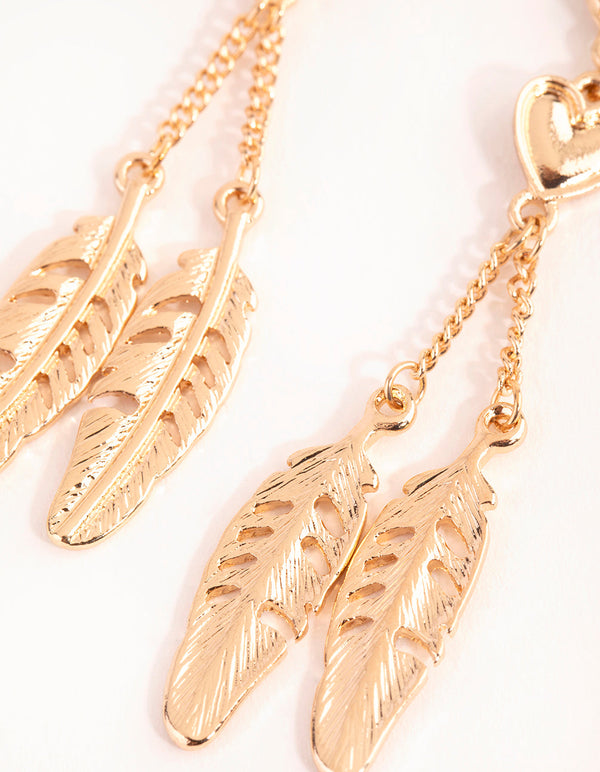 Gold Heart and Feather Drop Earrings