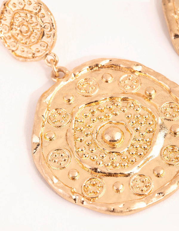 Washed Gold Large Stamp Disc Drop Earrings