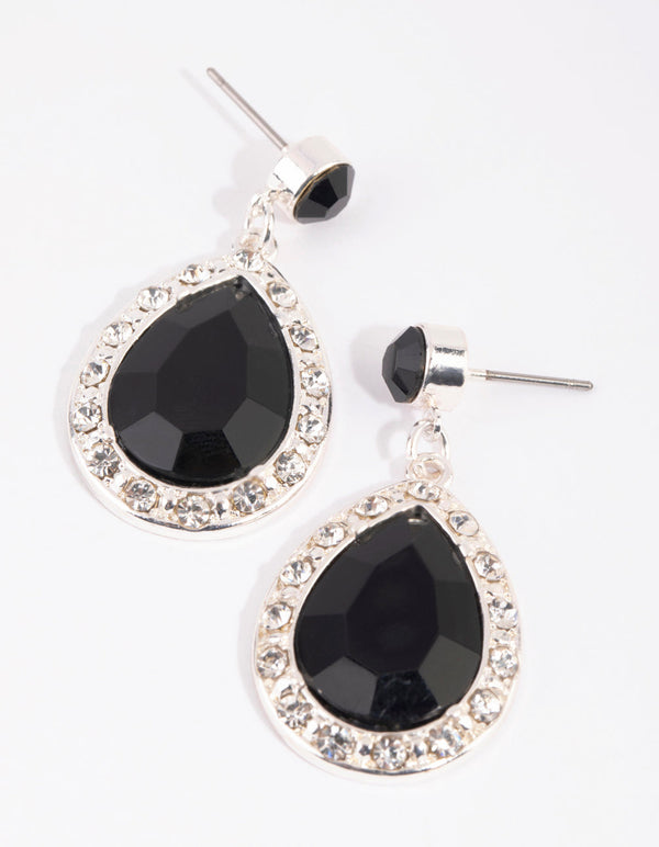Silver and Black Classic Diamante Drop Earrings