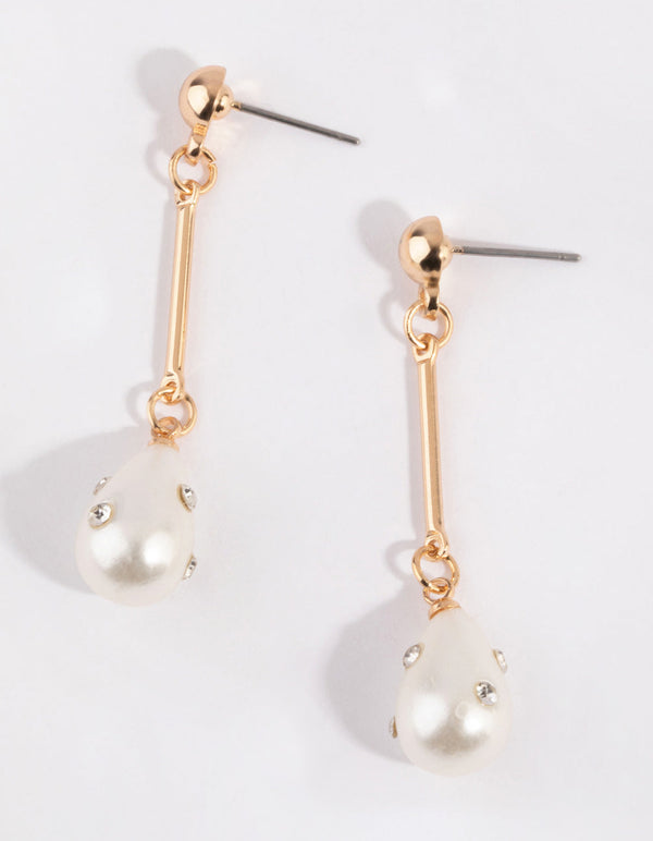Gold Diamante Stick and Pearl Drop Earrings