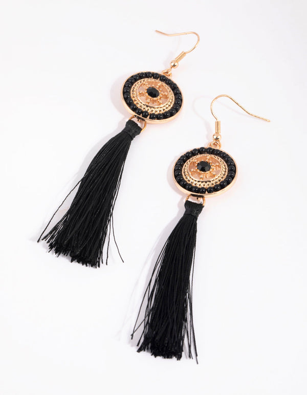 Gold and Black Beaded Coin and Tassel Earrings