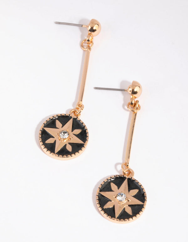 Gold and Black Stick and Star Drop Earrings