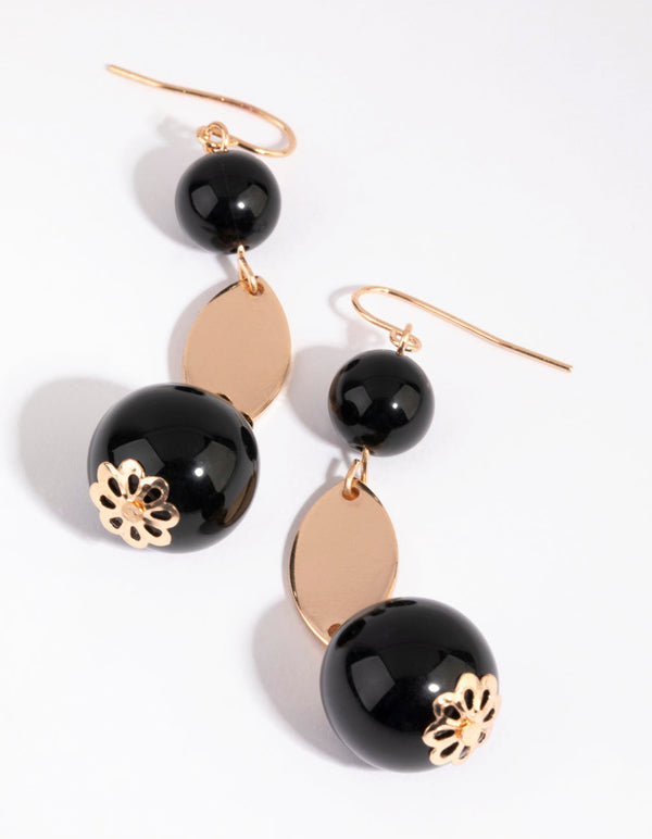 Gold and Black Ball and Disc Drop Earrings
