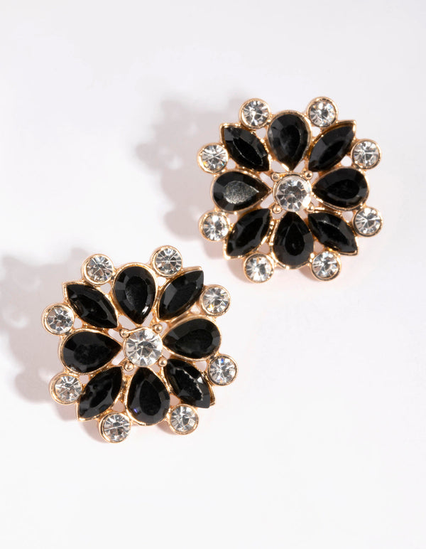 Gold and Black Diamante Flower Stud Earrings