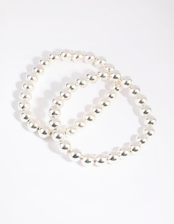 Rhodium Ball Bead Stretch Bracelet Set