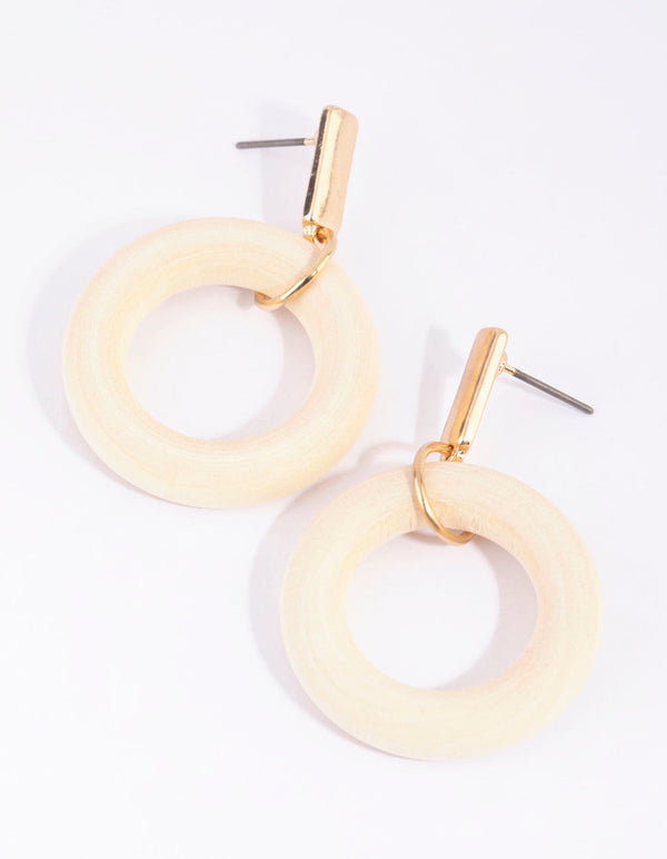 Gold and Neutral Wooden Circle Drop Earrings