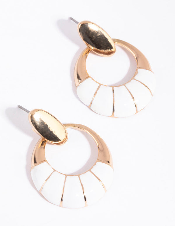 Gold and White Enamel Open Disc Drop Earrings