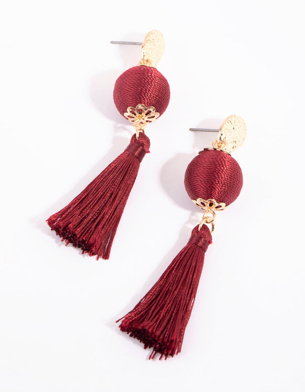 Maroon Thread Wrapped Tassel Earrings
