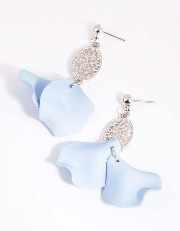 Rhodium Matte Blue Filigree Drop Earrings