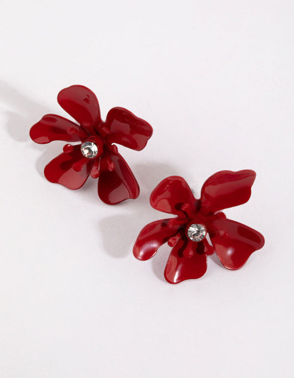 Matte Red Flower Stud Earrings
