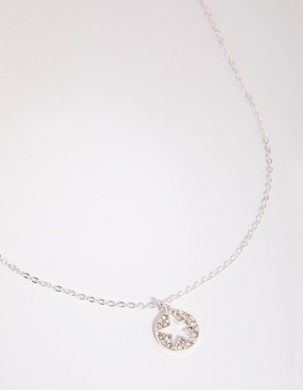 Silver Diamante Disc Open Star Necklace