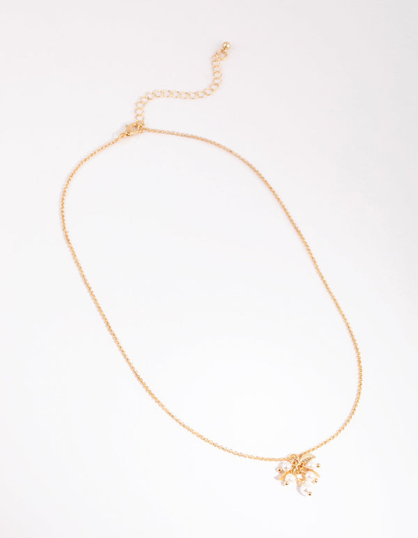 Gold Pearl and Leaf Cluster Necklace