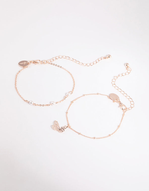 Rose Gold Pearl and Butterfly Bracelet Set