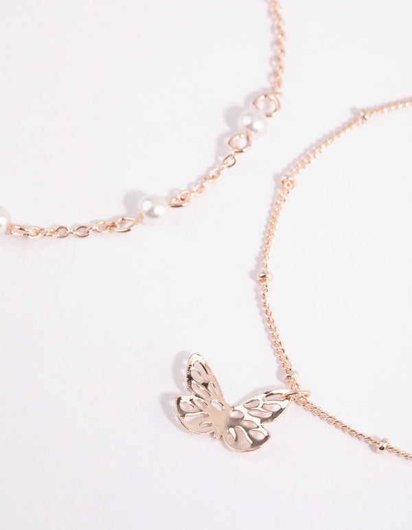 Rose Gold Pearl and Butterfly Bracelet Set