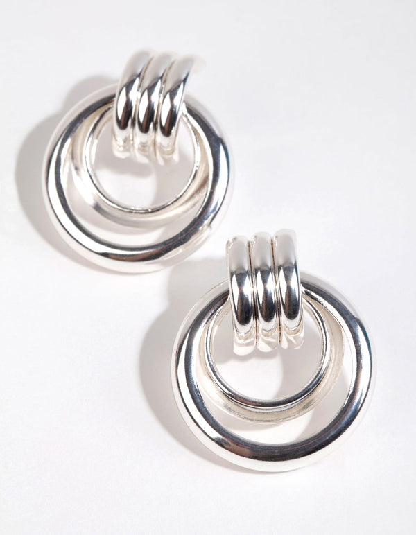 Silver Double Open Circle Drop Earrings