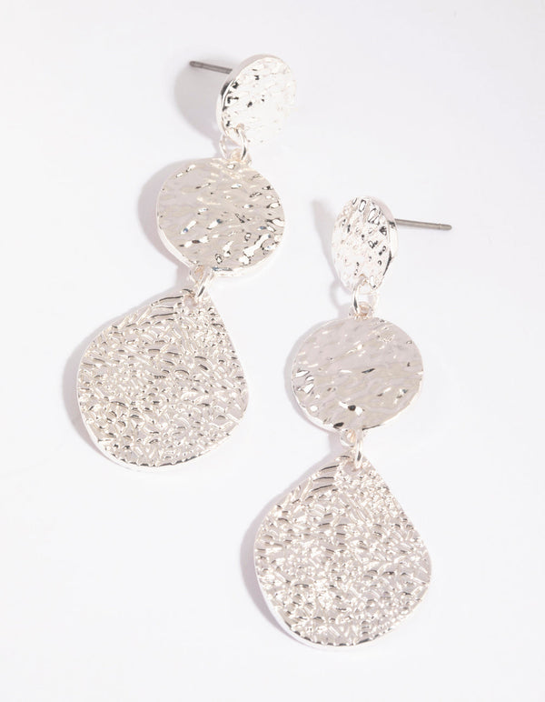 Silver Molten Textured Disc Drop Earrings