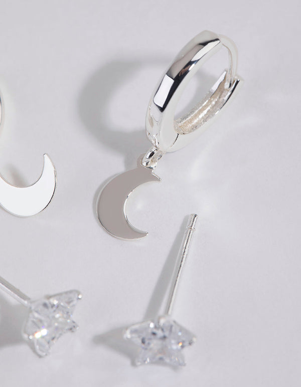 Sterling Silver Celestial Stud and Huggie Earring Set