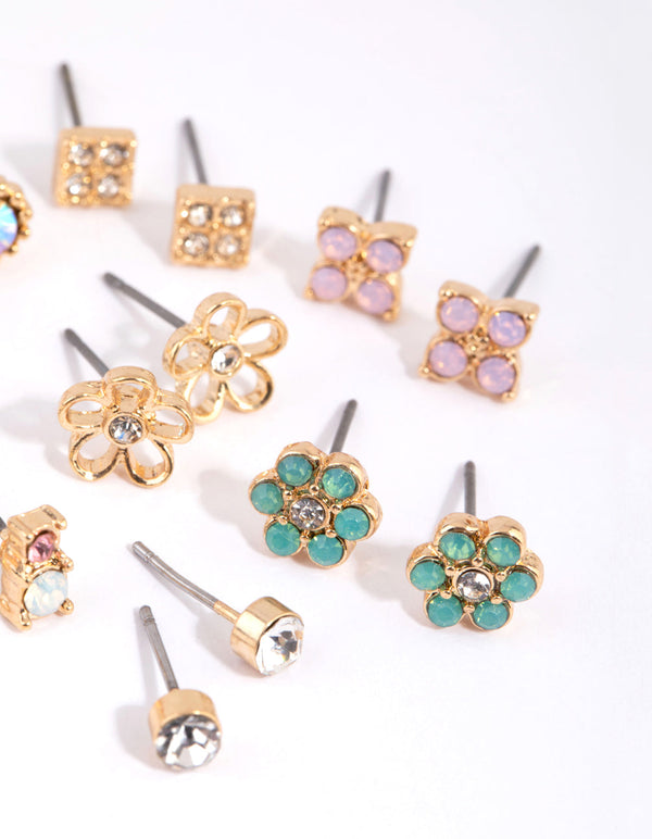 Gold Flower and Diamante Stud Earring Pack