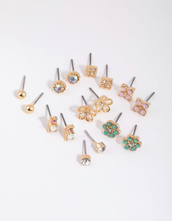 Gold Flower and Diamante Stud Earring Pack