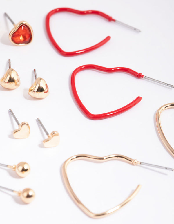 Red and Gold Heart Hoop and Stud Earring Pack