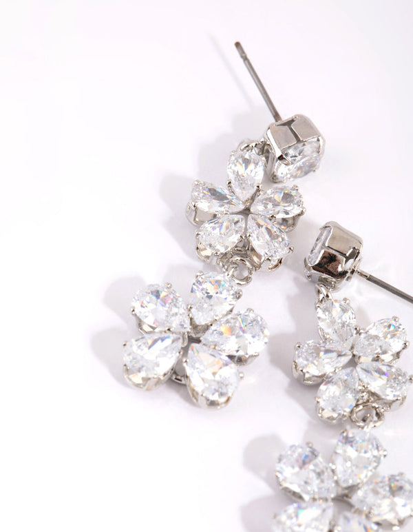 Rhodium Multi Flower Drop Earrings