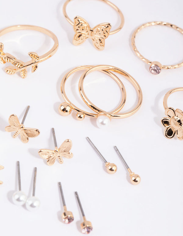 Gold Butterly and Pearl Earring and Ring Pack