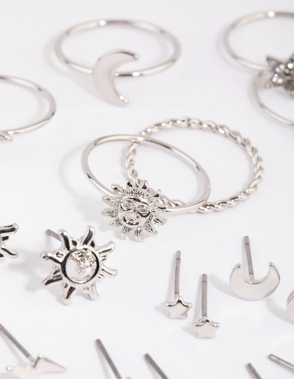 Rhodium Sun and Star Earring and Ring Pack