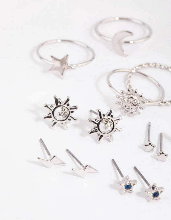 Rhodium Sun and Star Earring and Ring Pack