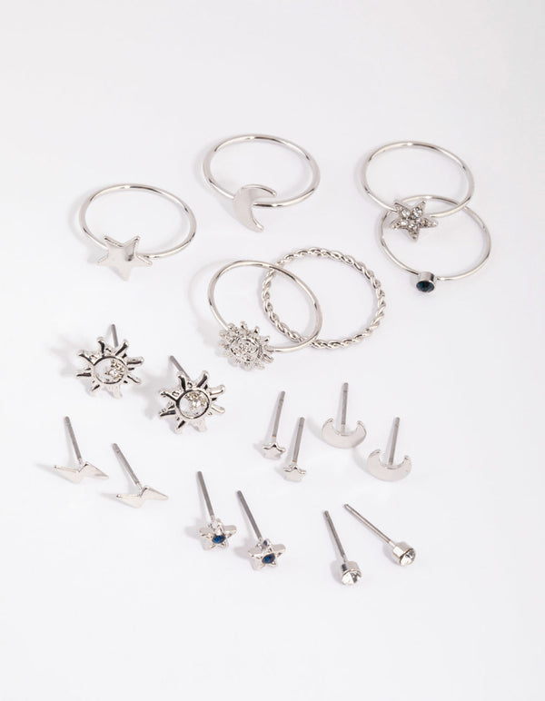 Rhodium Sun and Star Earring and Ring Pack