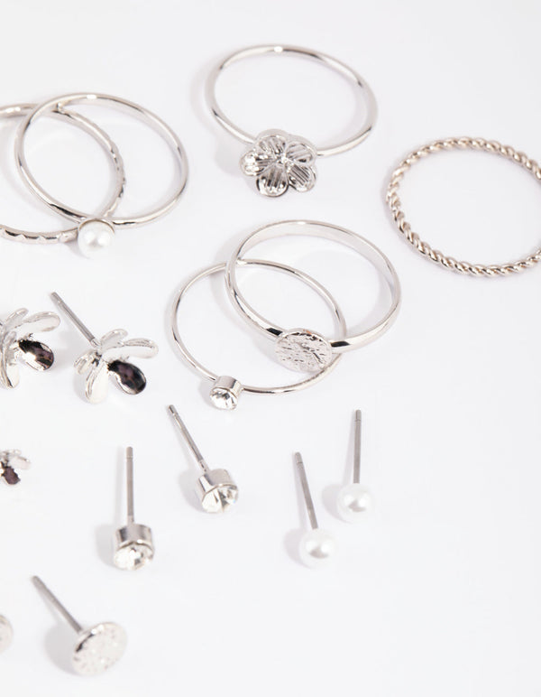 Rhodium Flower and Pearl Earring and Ring Pack