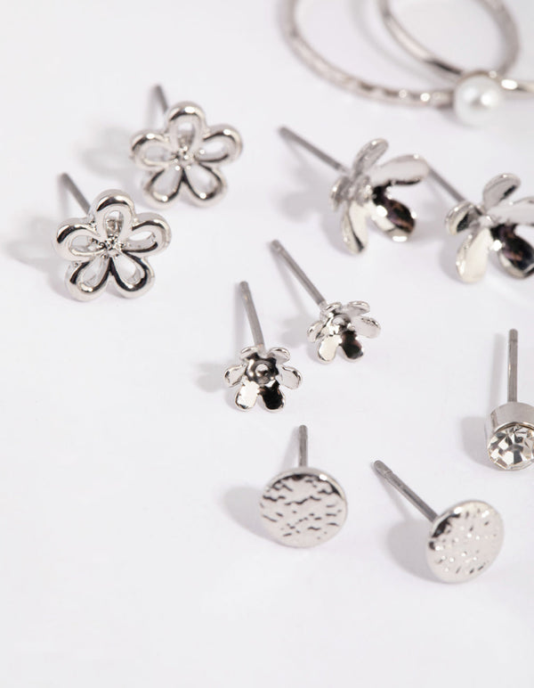 Rhodium Flower and Pearl Earring and Ring Pack