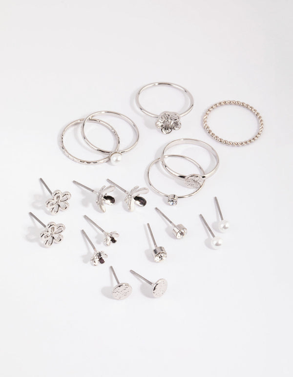 Rhodium Flower and Pearl Earring and Ring Pack