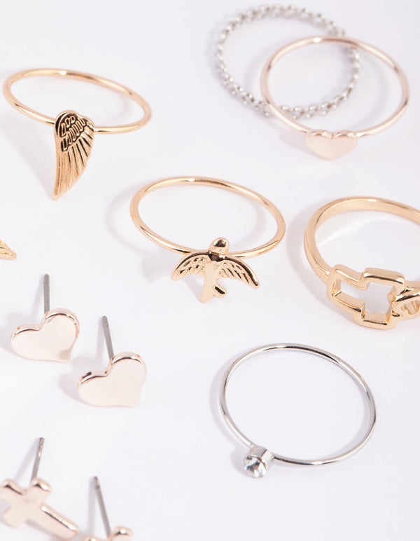 Mixed Metal Angelic Cross Earring and Ring Pack