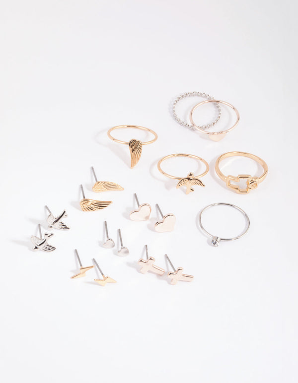 Mixed Metal Angelic Cross Earring and Ring Pack