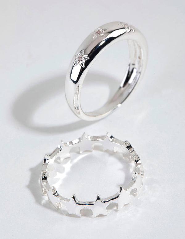 Silver Plated Diamante Star Ring Pack