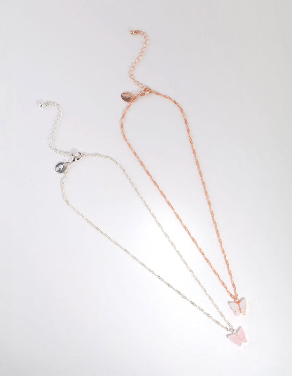 Mixed Metal White and Pink Butterfly Necklace Set