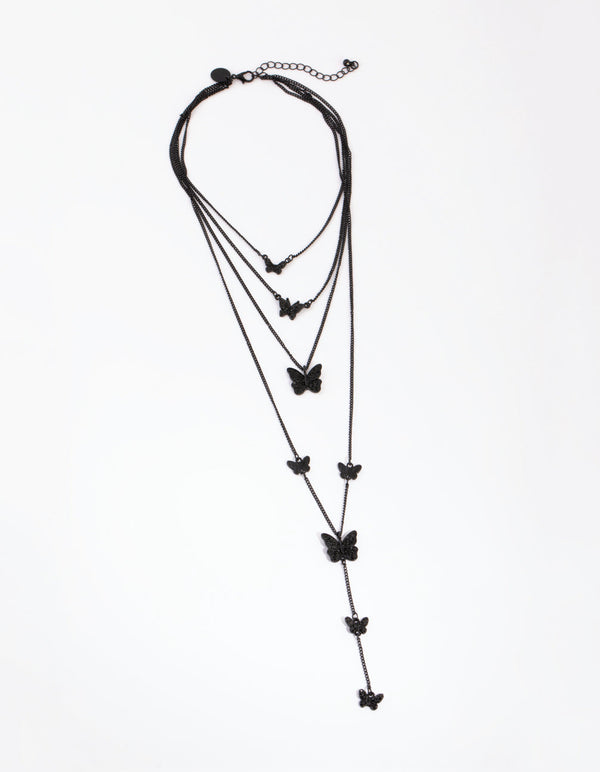 Matte Black Butterfly Layered Necklace