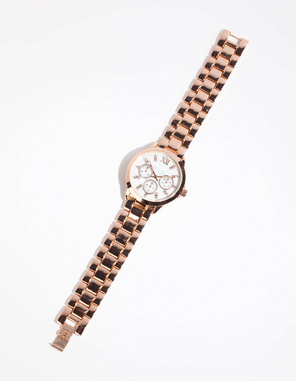 Rose Gold Marble Diamante Link Strap Watch