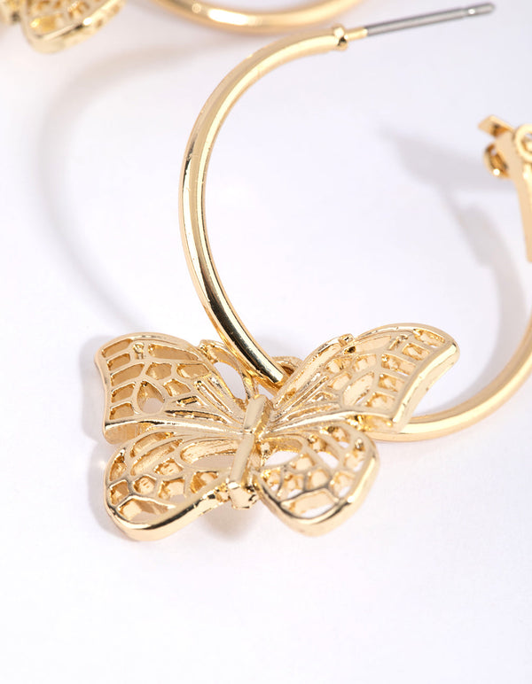 Gold Plated Butterfly Charm Hoop Earrings