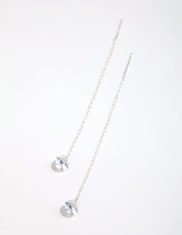 Sterling Silver Cubic Zirconia Teardrop Thread Through Earrings