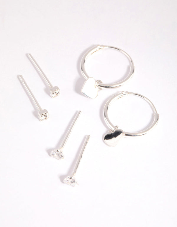 Sterling Silver Heart Stud and Hoop Earrings