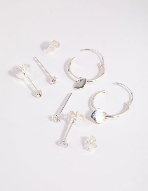 Sterling Silver Heart Stud and Hoop Earrings