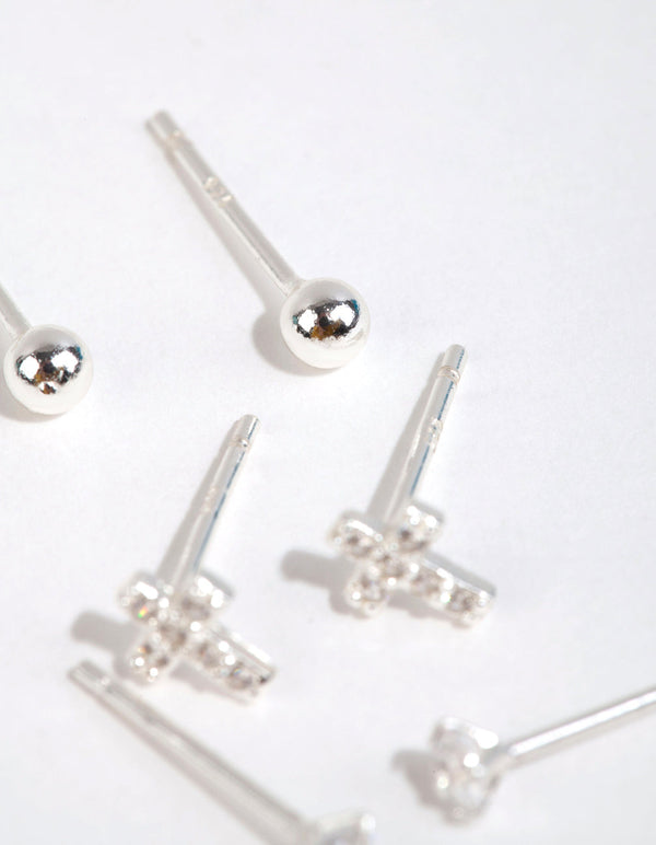 Sterling Silver Cross and Diamante Stud Earring Pack