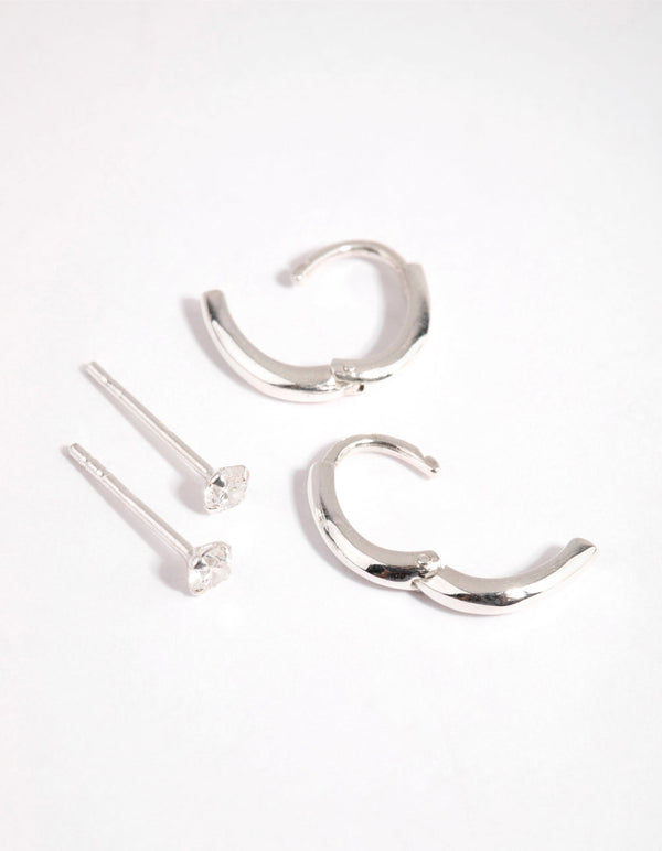 Sterling Silver Cubic Zirconia Stud and Huggie Earring Set