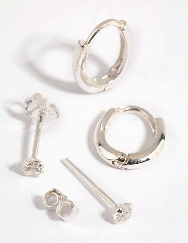 Sterling Silver Cubic Zirconia Stud and Huggie Earring Set
