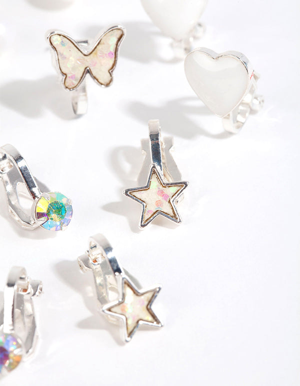 Kids Silver Iridescent Clip On Earring Pack