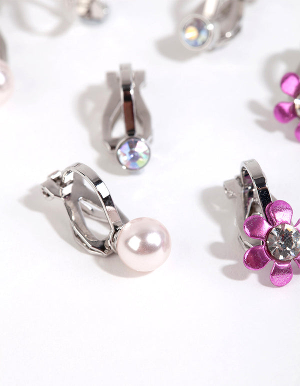 Kids Silver Diamante Flower Clip On Earrings