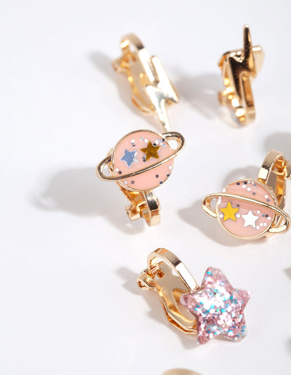 Kids Gold Galaxy Clip On Earring Pack