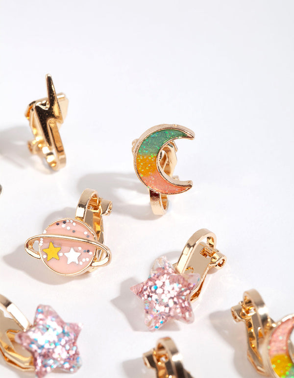 Kids Gold Galaxy Clip On Earring Pack