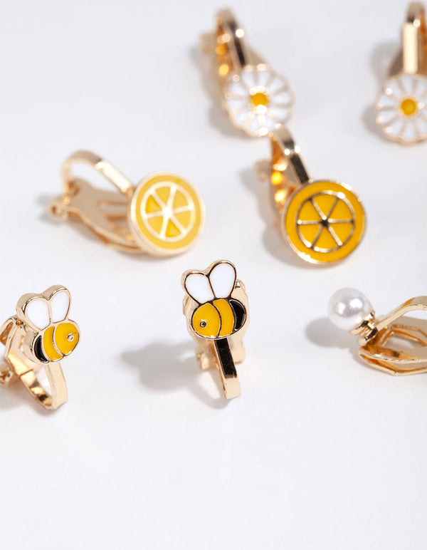 Kids Gold Lemon and Bee Clip On Earring Pack